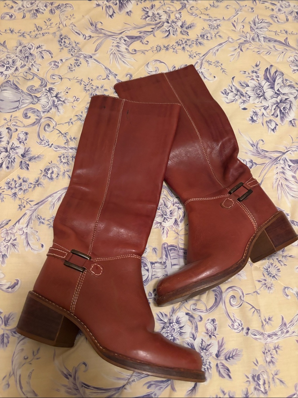 Arezzo Brazil Chestnut Brown Leather Mid-Calf Block Heel Boots Size 37 / 7